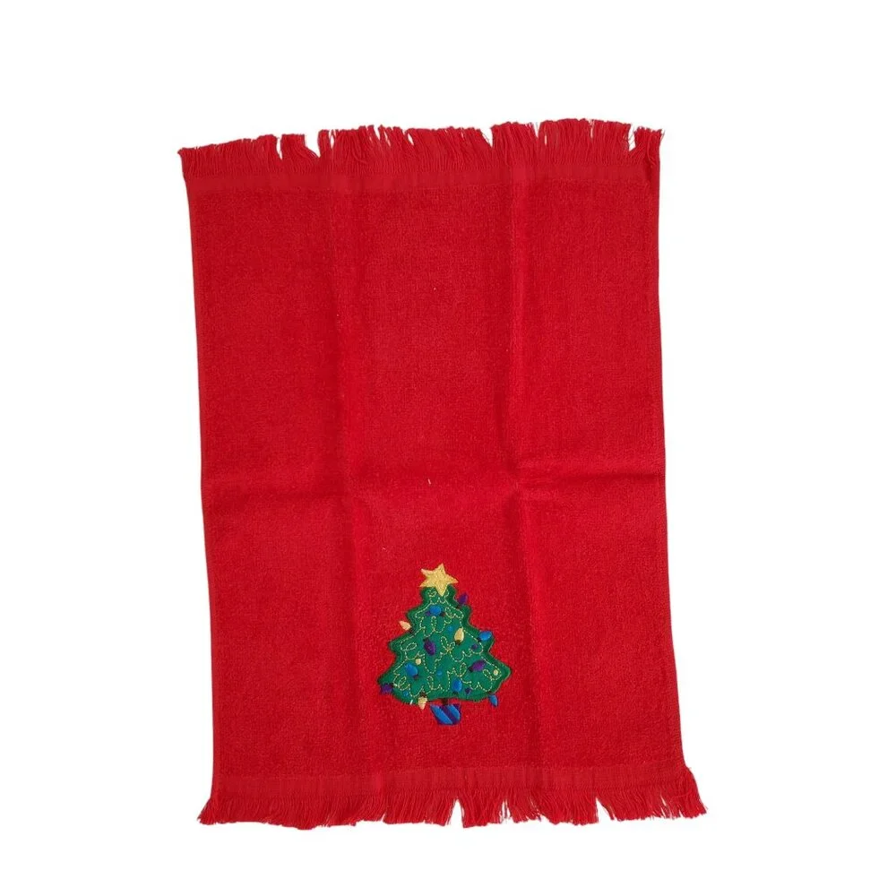 Christmas Holiday Fringe Fingertip Towels 3 Green 1 Red Applique Tree & Ornament